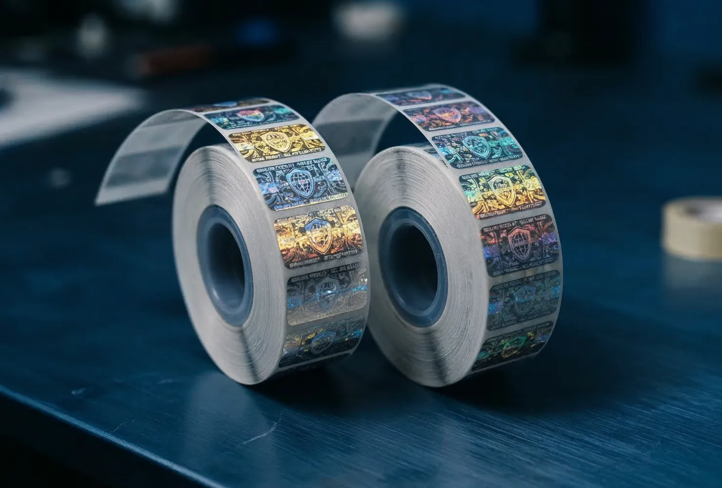 Holografische beveiligingslabels op rol met anti-counterfeit technologie voor productauthenticatie, brand protection en fraudepreventie.