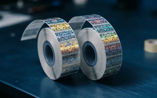 Holografische beveiligingslabels op rol met anti-counterfeit technologie voor productauthenticatie, brand protection en fraudepreventie.
